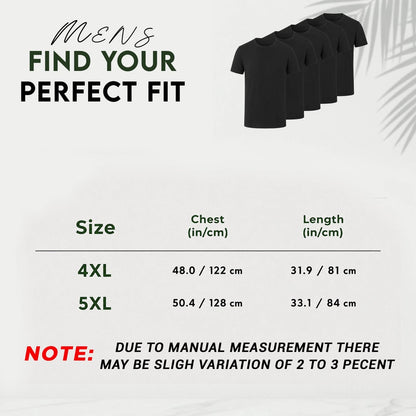 A size guide graphic for men's black t-shirts, titled 'MEN'S FIND YOUR PERFECT FIT'. It features a row of five black t-shirts on the top right and a size table below detailing measurements for 4XL and 5XL sizes in centimeters and inches.