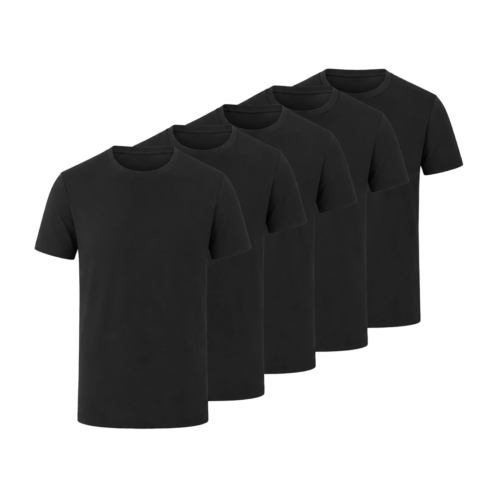 Five plain black short-sleeve crew-neck T-shirts arranged in a staggered row on a white background.
