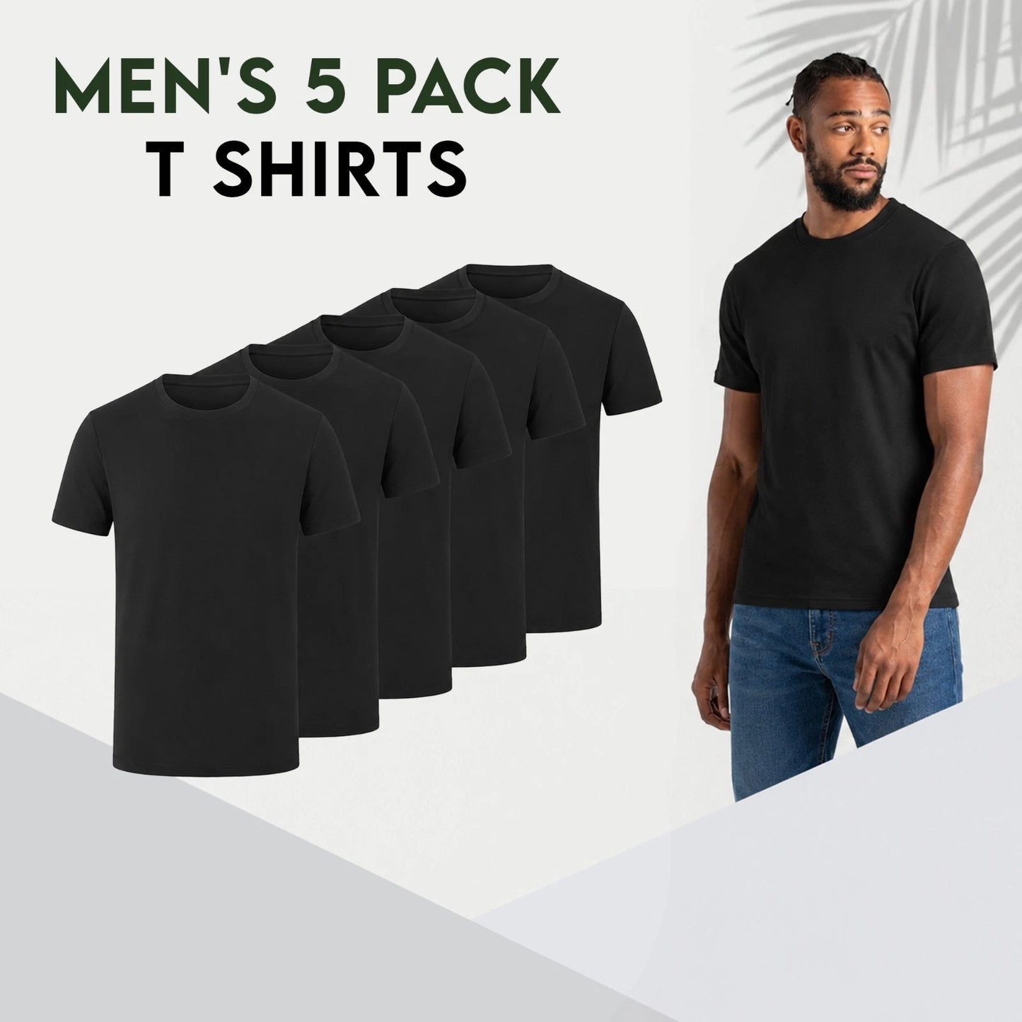 Five plain black short-sleeve crew-neck T-shirts arranged in a staggered row on a white 