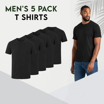 Five plain black short-sleeve crew-neck T-shirts arranged in a staggered row on a white 