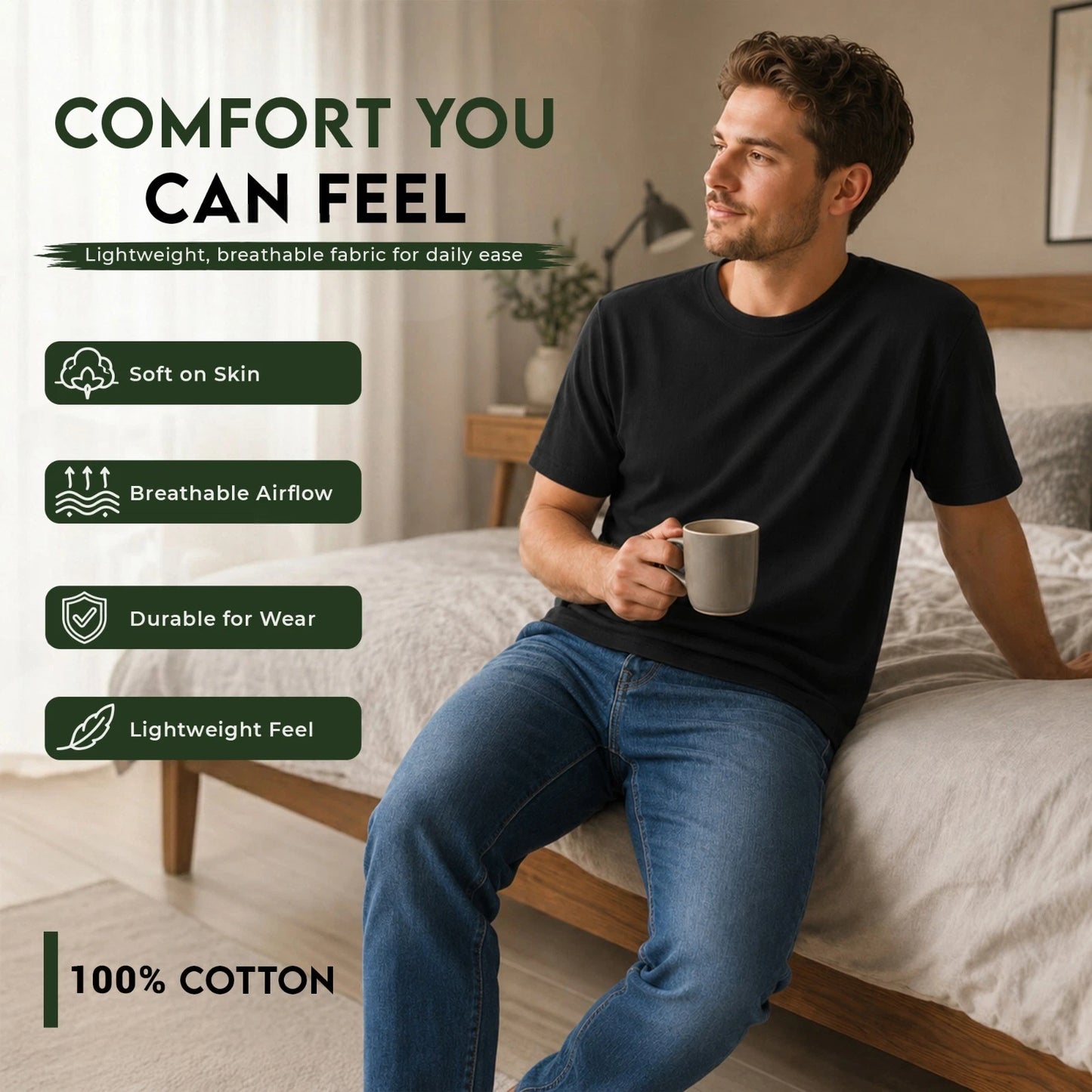 Men's 5-Pack Plain Black T-Shirts | 100% Cotton Crew Neck Tees