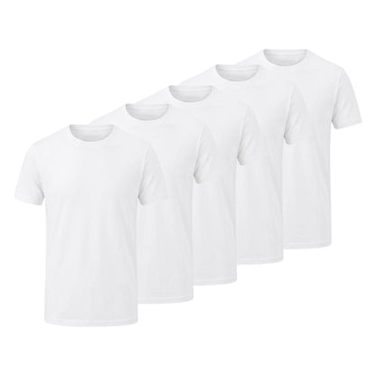Five plain white short-sleeve crew-neck T-shirts arranged in a staggered diagonal row on a white background.