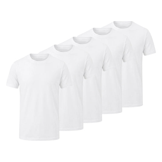Five plain white short-sleeve crew-neck T-shirts arranged in a staggered diagonal row on a white background.