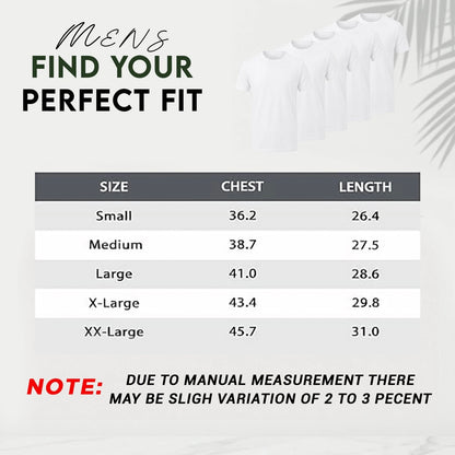A size chart graphic for men's t-shirts titled 'MEN'S FIND YOUR PERFECT FIT' with a table listing sizes Small through XX-Large, chest measurements, and length measurements. A small photo of white shirts appears in the upper right, and a note at the bottom says measurements may have slight variation.