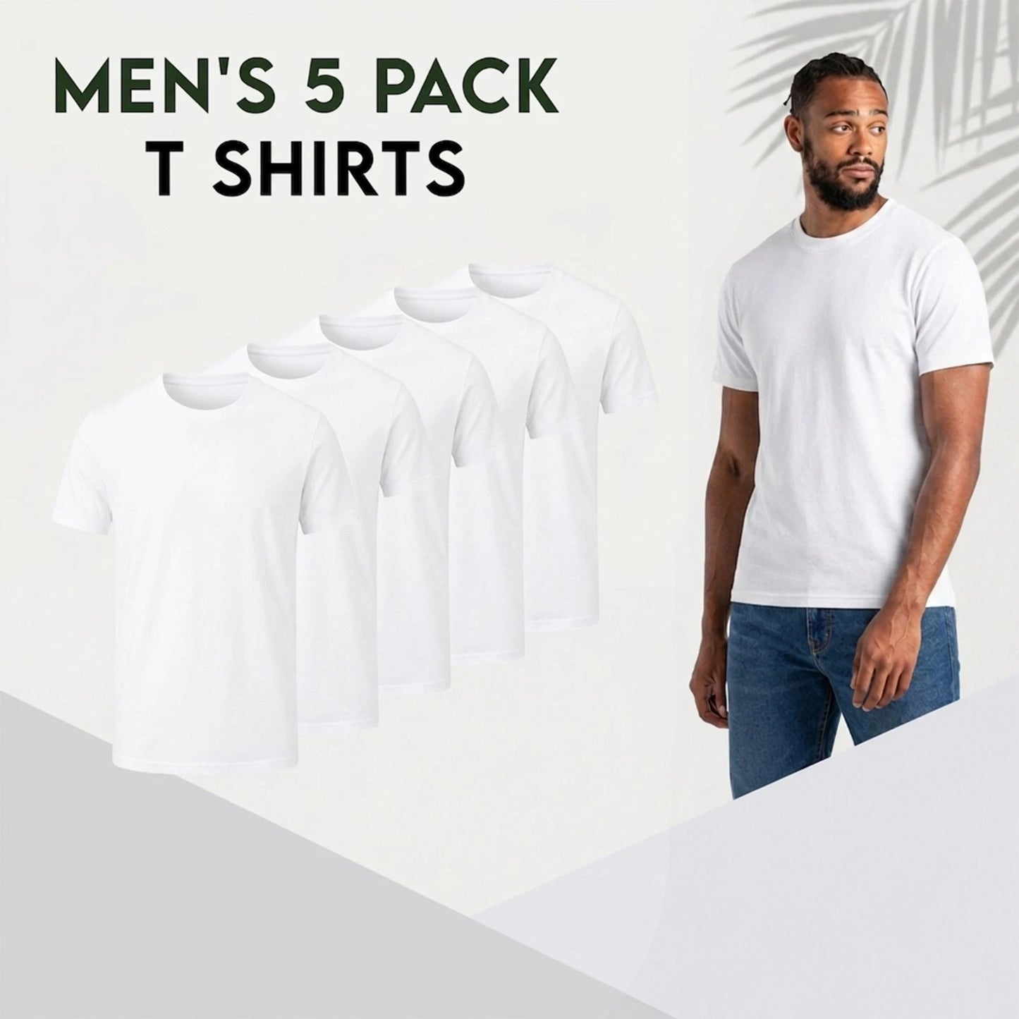 Promotional graphic for a men's 5-pack of plain white short-sleeve T-shirts. On the left, five overlapping white T-shirt silhouettes are shown, and on the right, a man models a plain white T-shirt with blue jeans against a light gray background with text reading 'MEN'S 5 PACK T SHIRTS'.
