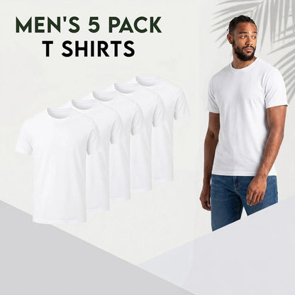 Promotional graphic for a men's 5-pack of plain white short-sleeve T-shirts. On the left, five overlapping white T-shirt silhouettes are shown, and on the right, a man models a plain white T-shirt with blue jeans against a light gray background with text reading 'MEN'S 5 PACK T SHIRTS'.