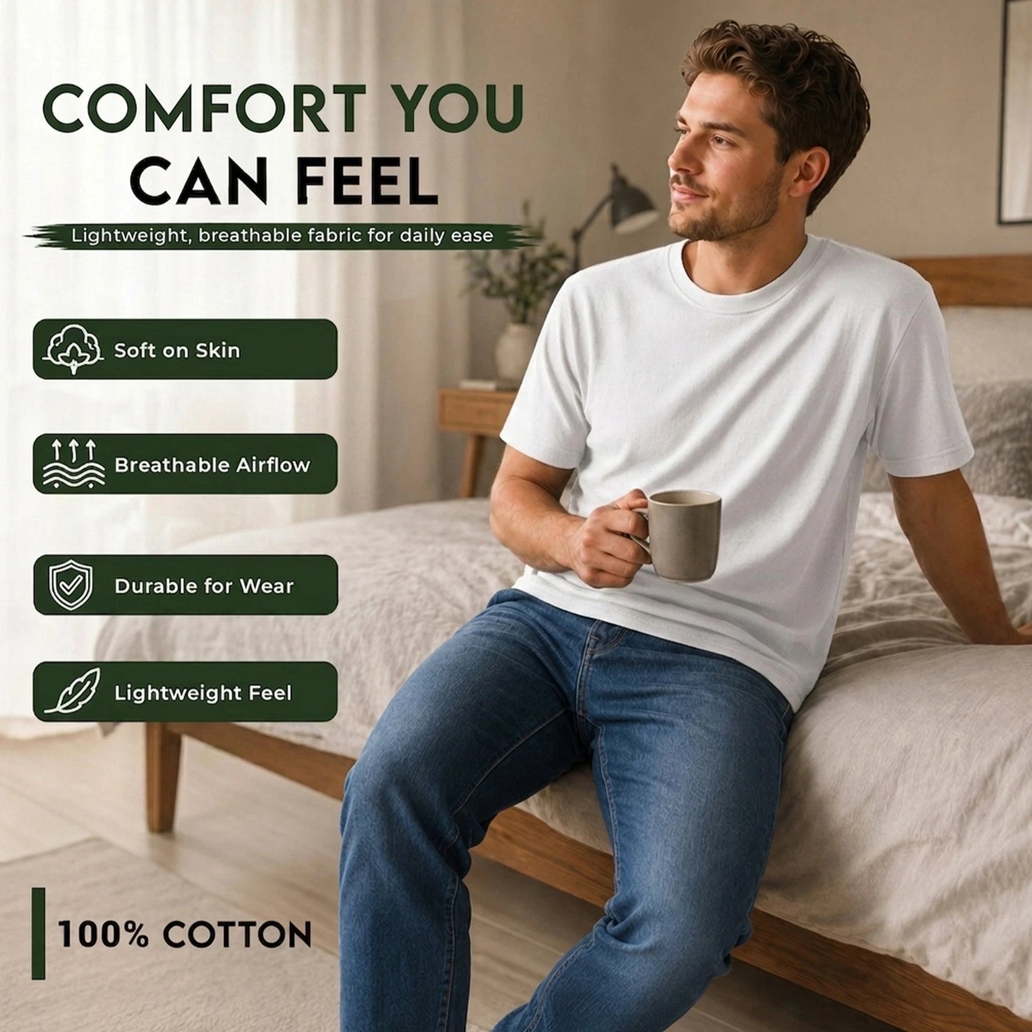 A man wearing a plain white short-sleeve T-shirt and blue jeans sits on a bed in a softly lit bedroom. Large marketing text on the left reads 'COMFORT YOU CAN FEEL' with feature callouts including soft on skin, breathable airflow, durable for wear, and lightweight feel, plus '100% COTTON'.