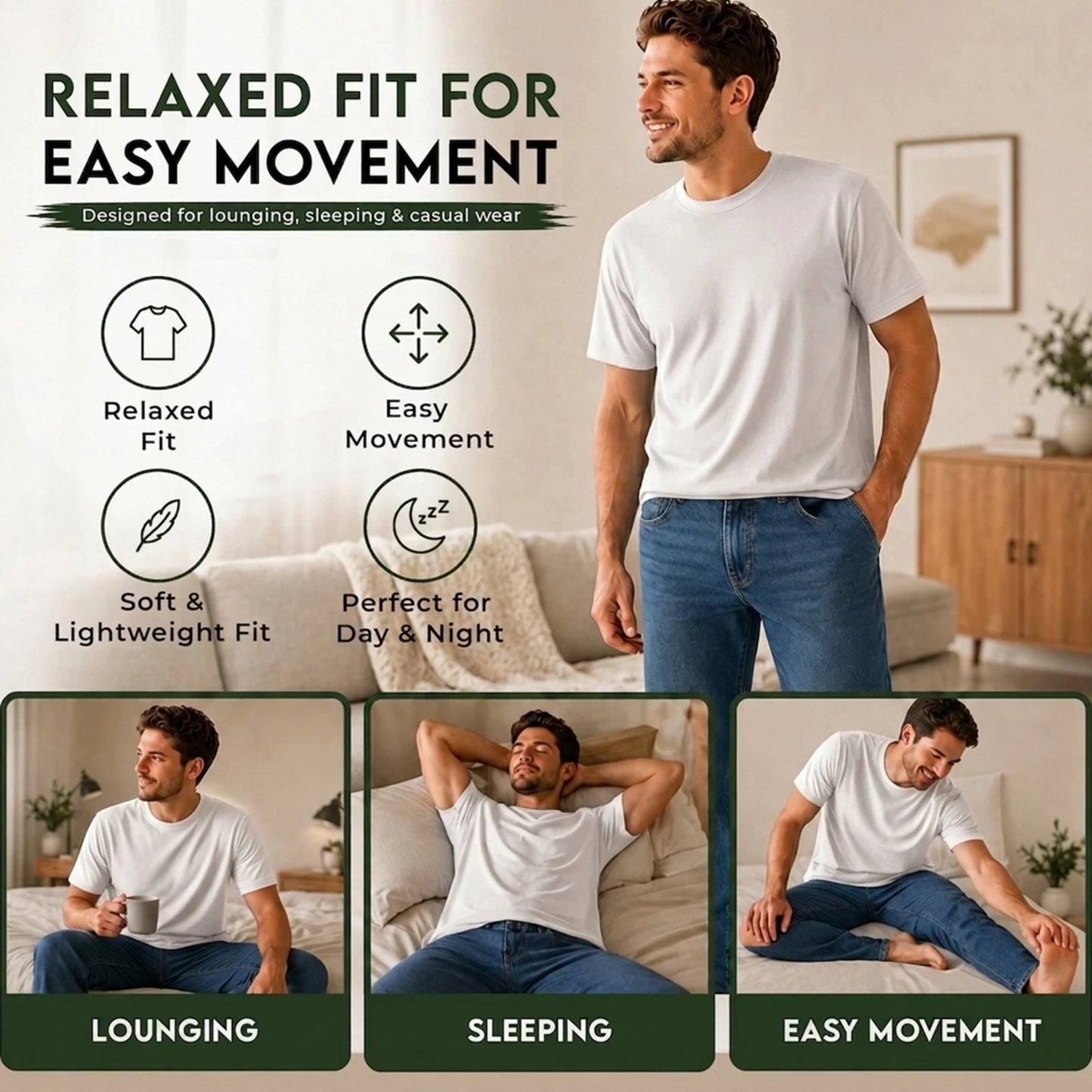 A man wearing a plain white short-sleeve T-shirt and blue jeans stands in a living room while marketing text says 'Relaxed Fit for Easy Movement' and includes three smaller panels showing the shirt fitting during lounging, sleeping, and easy movement.