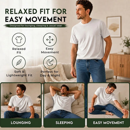 A man wearing a plain white short-sleeve T-shirt and blue jeans stands in a living room while marketing text says 'Relaxed Fit for Easy Movement' and includes three smaller panels showing the shirt fitting during lounging, sleeping, and easy movement.