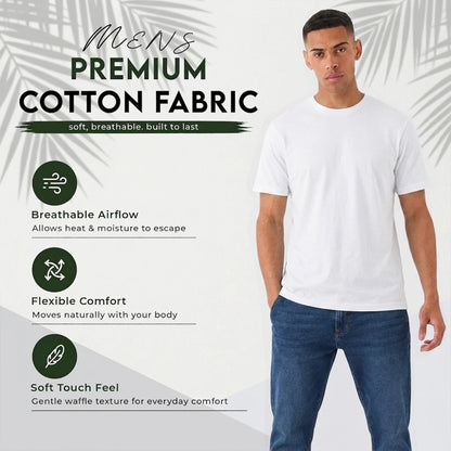 A man modeling a white short-sleeve crewneck t-shirt against a light gray background with palm leaf graphics and text highlighting fabric features like breathable airflow, flexible comfort, and soft touch feel.