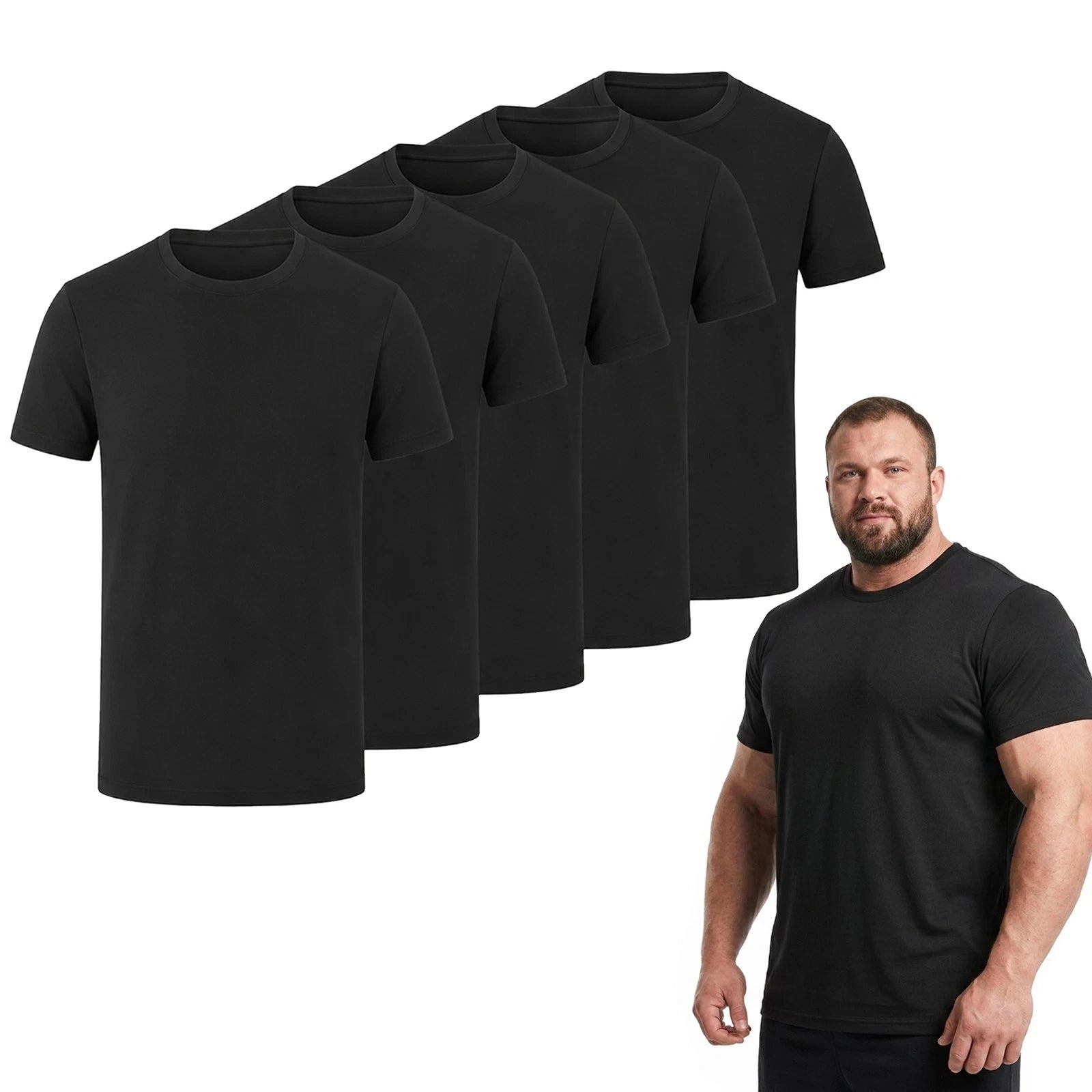 Five black short-sleeve crew-neck t-shirts are shown in a staggered overlapping arrangement on the left, with a muscular man wearing a black t-shirt on the lower right against a plain white background.