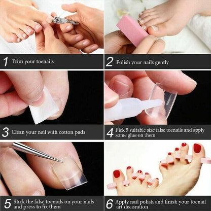 A six-panel instructional collage showing how to do a false toenail application: trimming toenails, polishing nails, cleaning with cotton pads, applying glue, sticking false toenails, and applying nail polish. Text labels number each step.