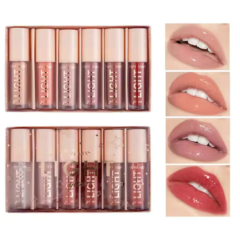 Set of lip glosses with packaging and close-up shots of lips wearing the products.