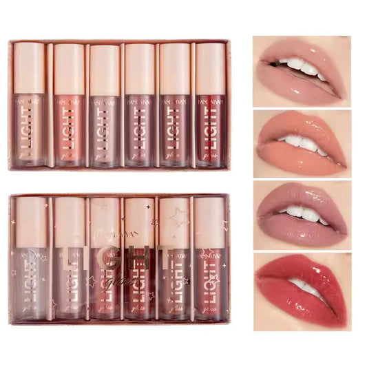 Set of lip glosses with packaging and close-up shots of lips wearing the products.