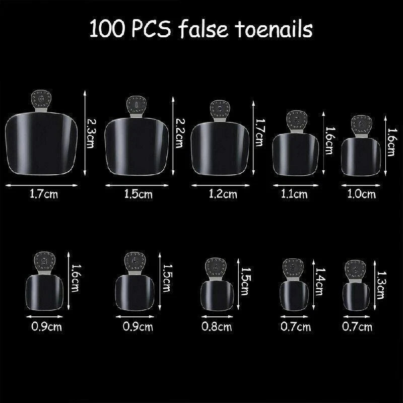 A black product graphic showing ten different sizes of black false toenails with white dimension labels and measurements on a black background, with the text '100 PCS false toenails' at the top.