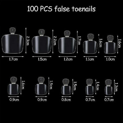 A black product graphic showing ten different sizes of black false toenails with white dimension labels and measurements on a black background, with the text '100 PCS false toenails' at the top.