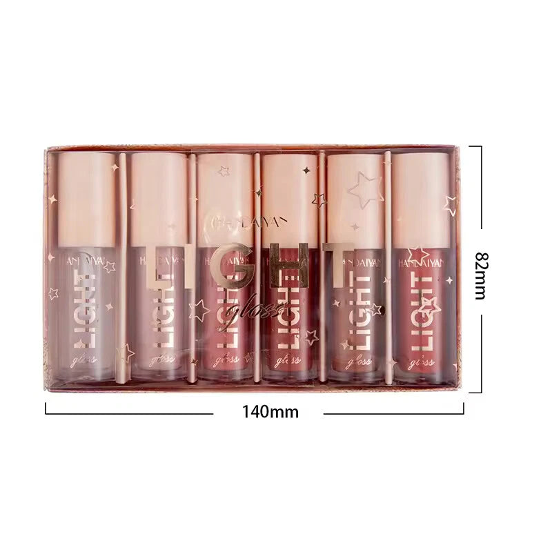 Set of lip glosses in a box with dimensions indicated