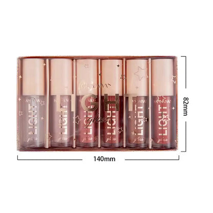 Set of lip glosses in a box with dimensions indicated