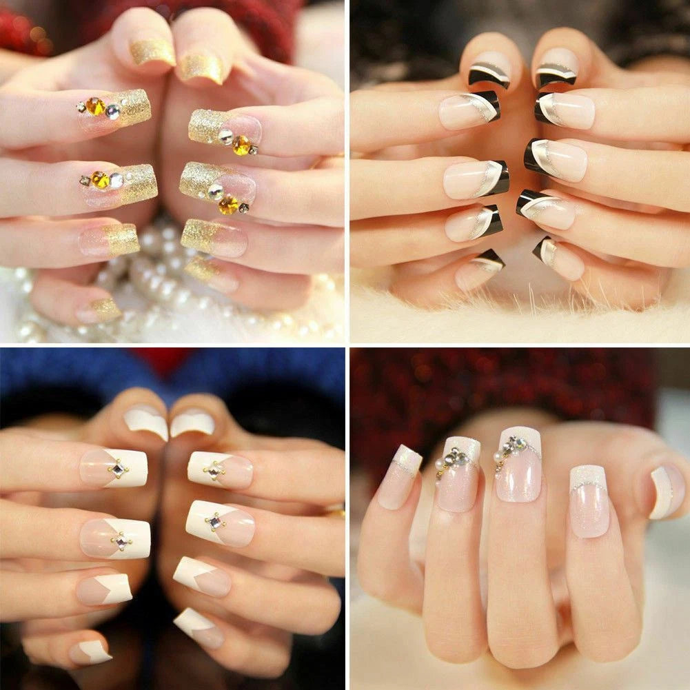 Four different nail design styles shown on hands.
