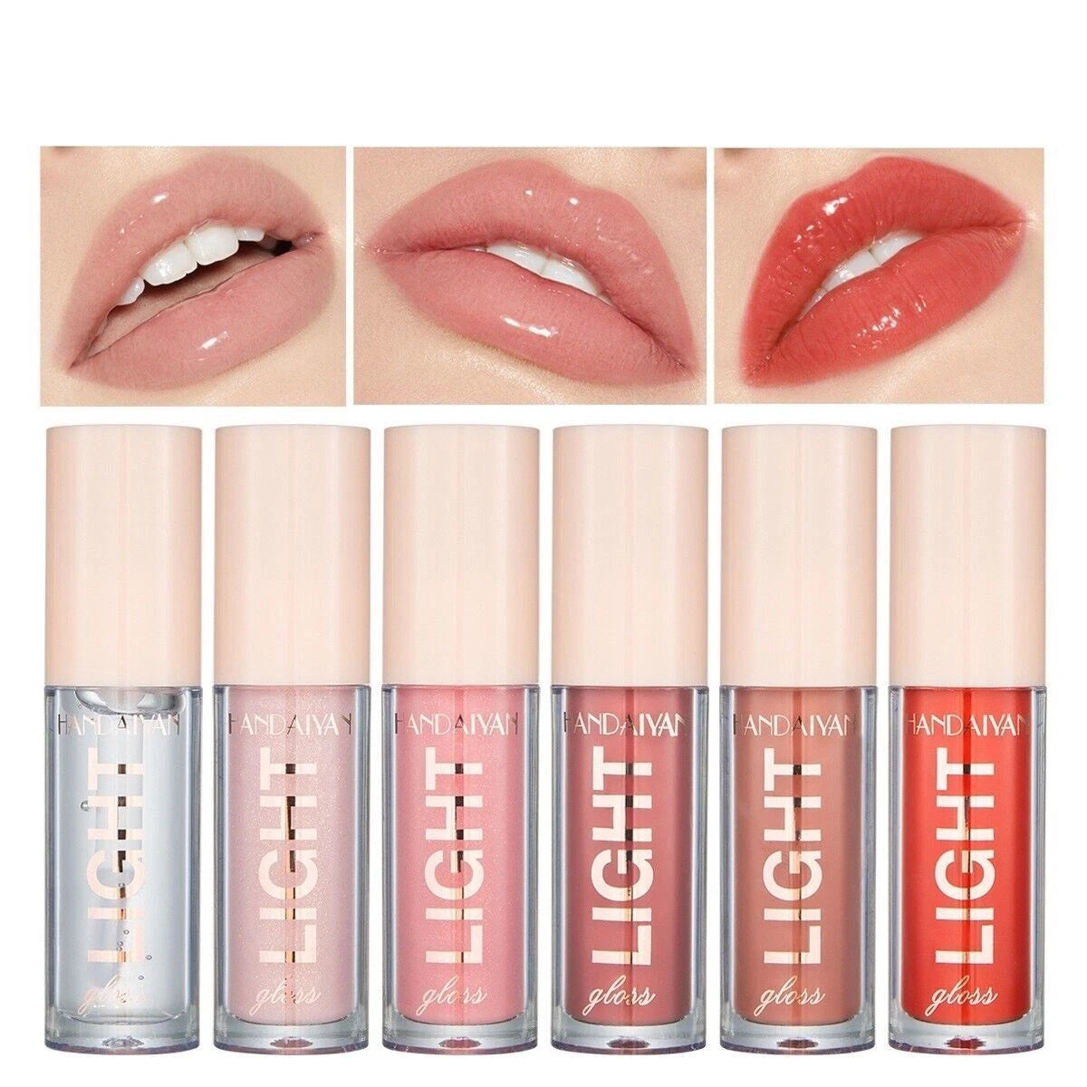 Set of lip glosses with application on lips and product packaging.
