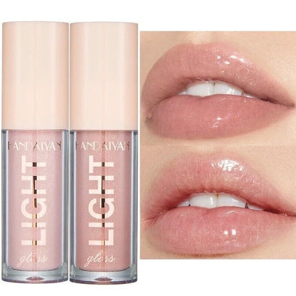 Two lip gloss bottles labeled 'LIGHT' with a close-up of lips wearing the product.