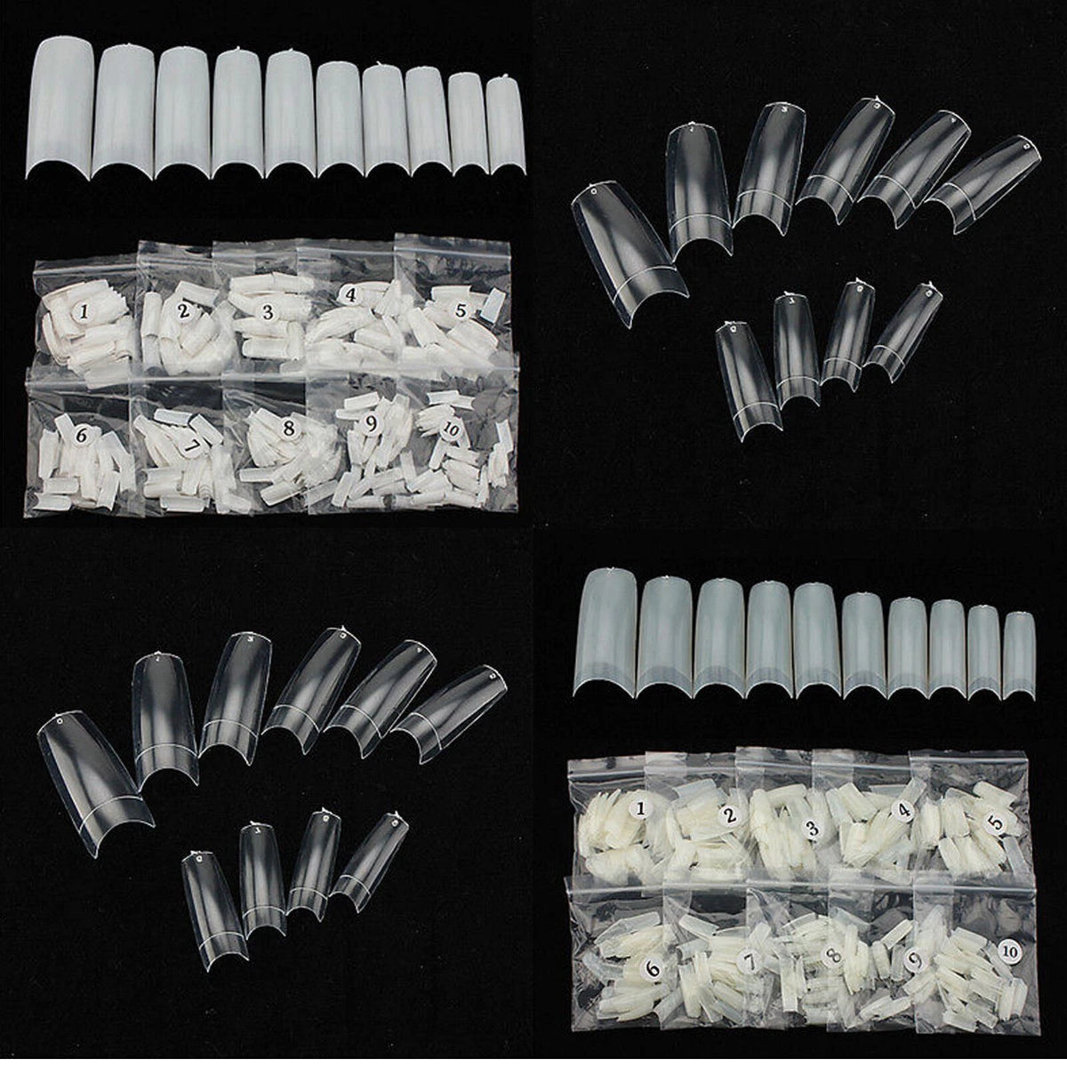 Nail art extension kit with multiple sizes of translucent false nails and small clear plastic bags containing numbered white tips, arranged on a black background.