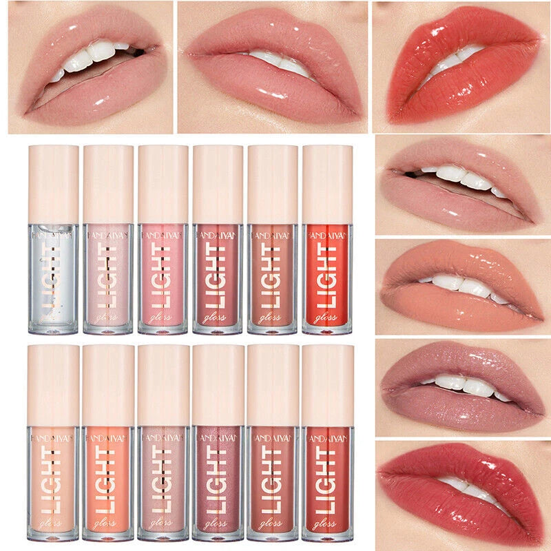 Collection of lip glosses with corresponding lip color swatches.