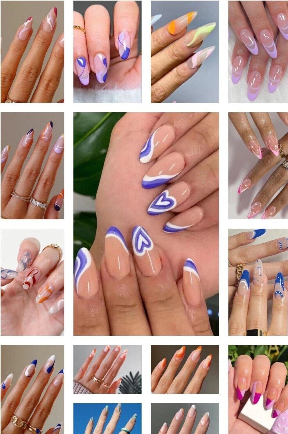 A 4x4 collage of hands showcasing various nail art designs, including long almond-shaped nails with purple heart and swirl patterns, pastel gradients, and French tips.