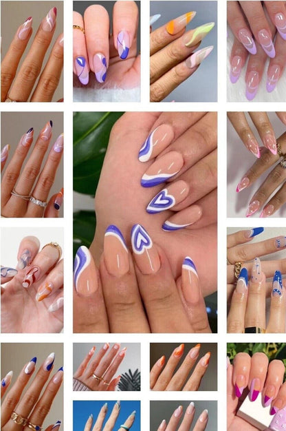 A 4x4 collage of hands showcasing various nail art designs, including long almond-shaped nails with purple heart and swirl patterns, pastel gradients, and French tips.