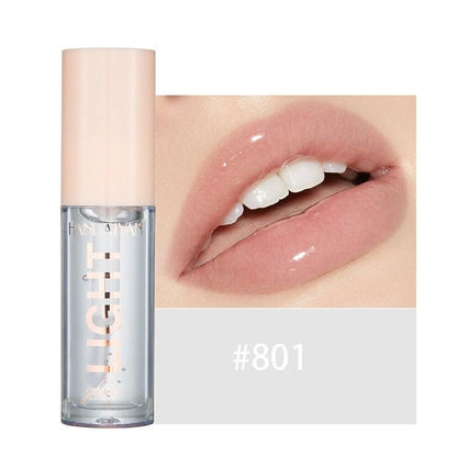 Lip gloss with a close-up of lips wearing the product, showing color #801.