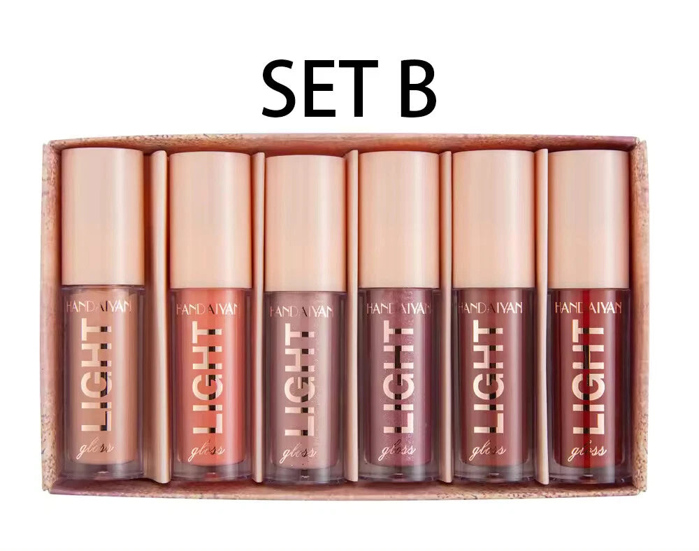 Set of six lip glosses in a wooden box with 'Chanel' branding.