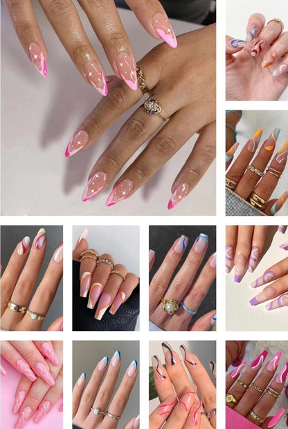 A collage of multiple hands showing different nail art designs, primarily long almond-shaped nails with pink French tips, pastel gradients, and clear glossy finishes, along with several rings.