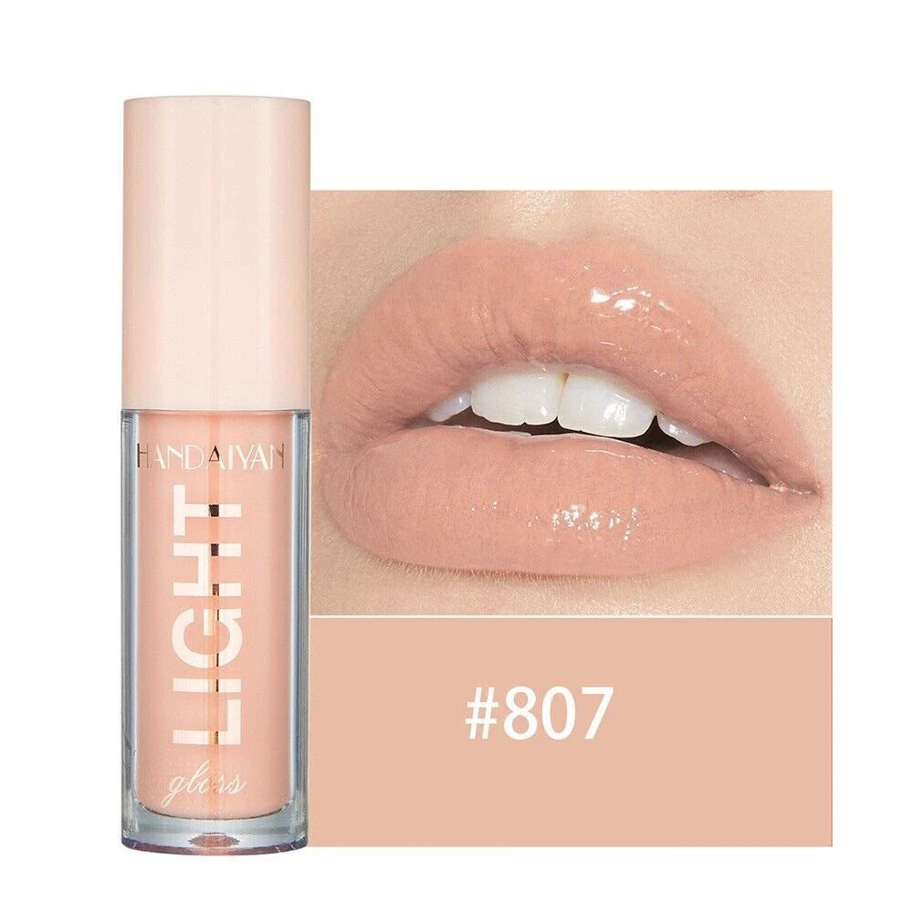 Lip gloss with a close-up of lips wearing the product, showing color #807.
