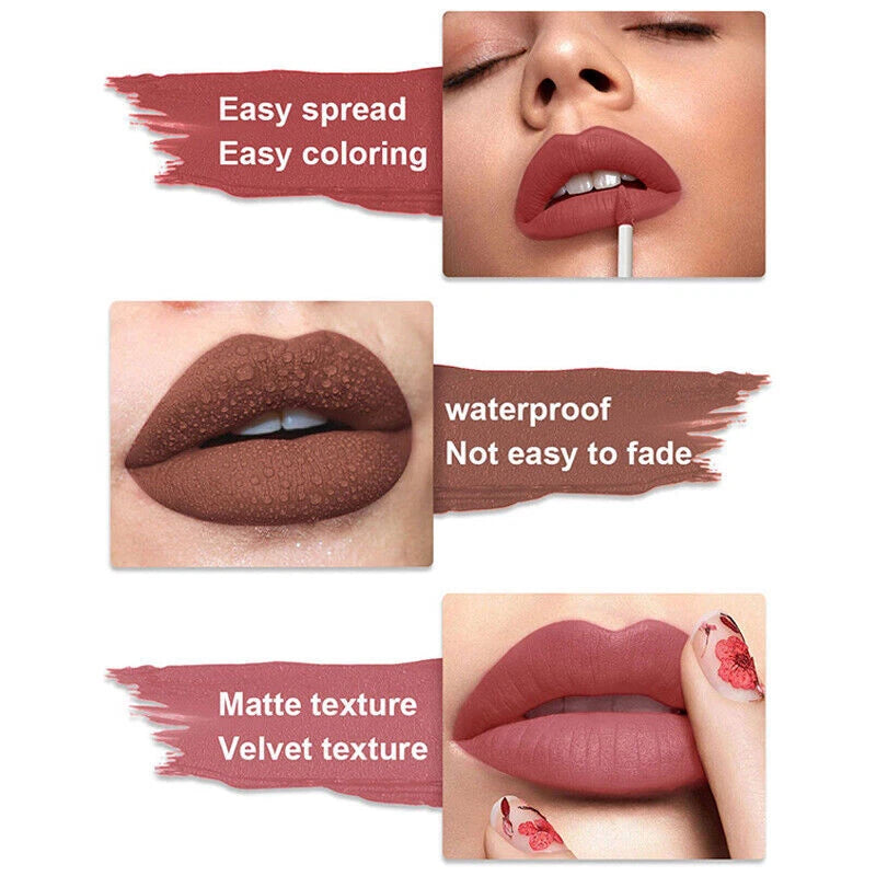 Three-panel beauty graphic showing a matte lipstick applied to lips and swatches with text claims: 'Easy spread Easy coloring,' 'waterproof Not easy to fade,' and 'Matte texture Velvet texture.'.