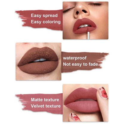 Three-panel beauty graphic showing a matte lipstick applied to lips and swatches with text claims: 'Easy spread Easy coloring,' 'waterproof Not easy to fade,' and 'Matte texture Velvet texture.'.