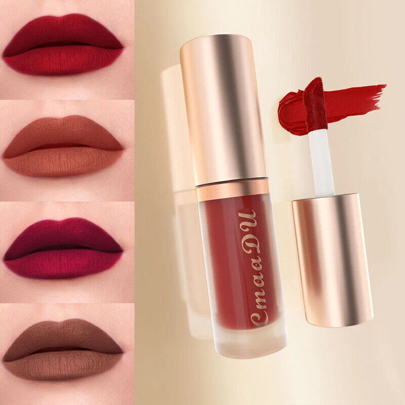 A liquid lipstick tube with its cap off, shown next to four lip swatches demonstrating different shades: deep red, muted terracotta, rich burgundy, and dark brown. The tube has a rose gold metallic cap and body with the brand name 'Cmaadu' printed in gold script.