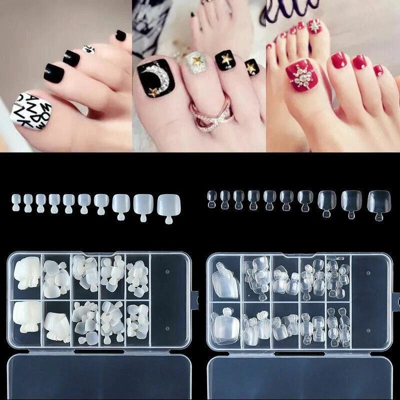 A collage showing false press-on nails in multiple styles and finishes, including clear acrylic, white and black patterns, red glitter, and embellished designs, with a transparent storage case displayed below.