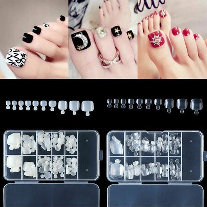 A collage showing false press-on nails in multiple styles and finishes, including clear acrylic, white and black patterns, red glitter, and embellished designs, with a transparent storage case displayed below.