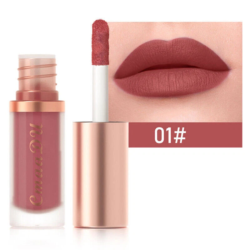 A liquid lipstick tube with its cap removed, showing a rosy mauve-brown shade, alongside a close-up of lips wearing the product and a color label reading '01#'.