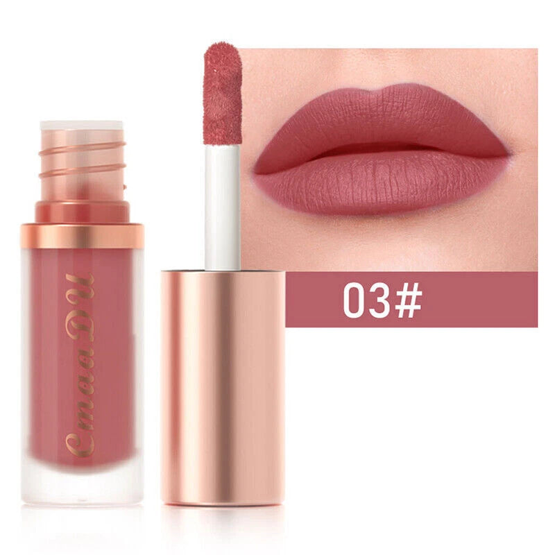 A liquid lipstick shown open with the applicator visible, alongside a close-up of lips wearing the shade and a color label reading 03# on a white background.
