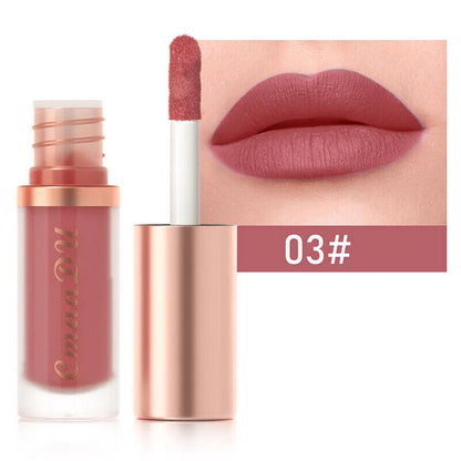 A liquid lipstick shown open with the applicator visible, alongside a close-up of lips wearing the shade and a color label reading 03# on a white background.