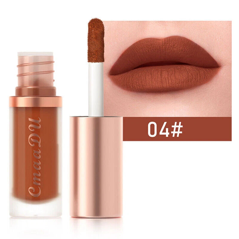 A liquid lip color bottle and wand shown beside a close-up of lips wearing the shade, with a color label reading 04# on a white background.