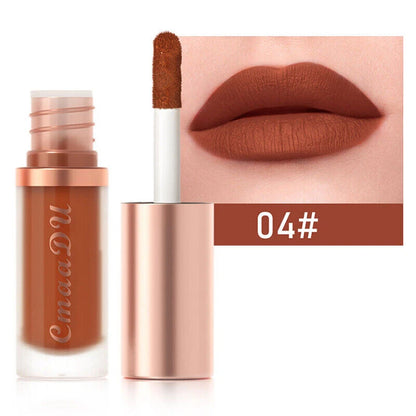 A liquid lip color bottle and wand shown beside a close-up of lips wearing the shade, with a color label reading 04# on a white background.
