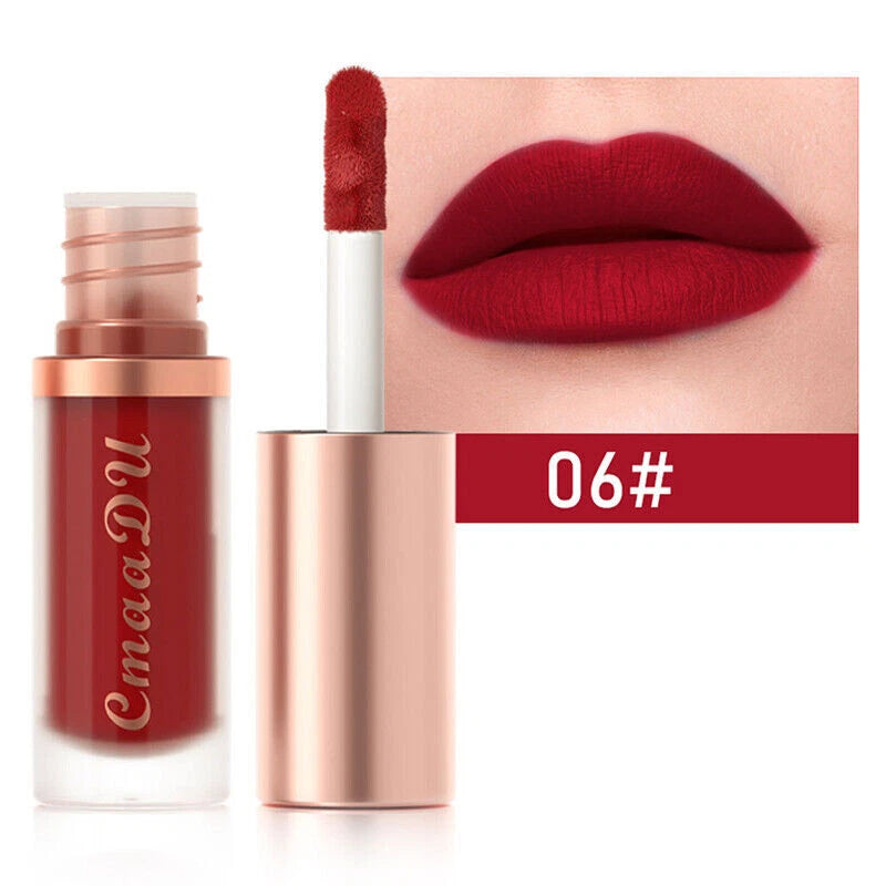 A liquid lipstick tube and applicator shown beside a close-up of lips wearing the shade, with a red label reading 06# on a white background.