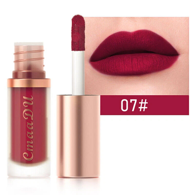 A liquid lipstick bottle and applicator shown on a white background, with a close-up inset of lips wearing the shade and a color label reading 07#.