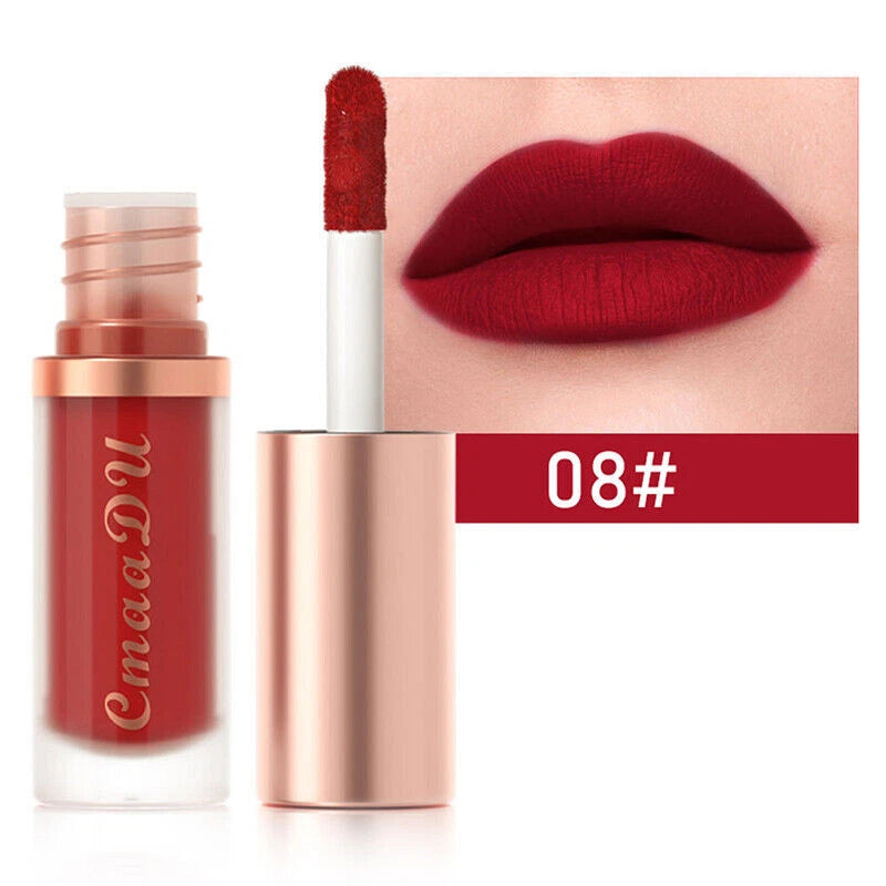 A liquid lipstick shown open with the applicator wand beside it, alongside a close-up of lips wearing the shade and a color label reading 08# on a white background.