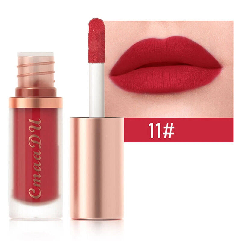 A liquid lipstick tube in a deep red shade with a rose gold cap, shown next to a close-up of lips wearing the red lipstick and a color swatch labeled '11#'.