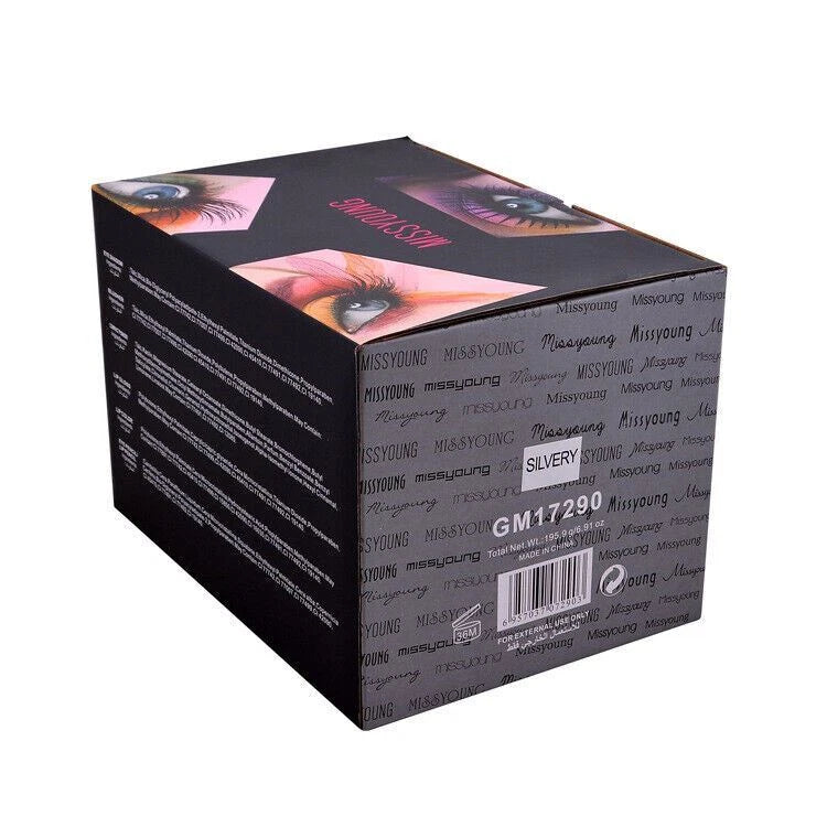 A black rectangular product box with printed beauty imagery and text, including the brand name MISSYUNG and the shade name SILVERY STRONG.