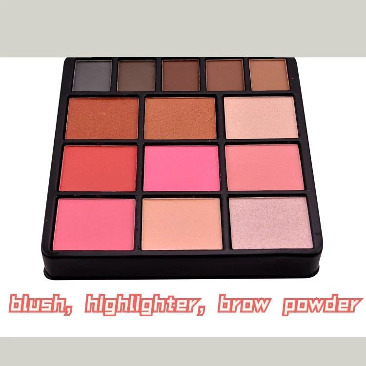 A 12-pan makeup palette containing blush, highlighter, and brow powders in various shades of pink, red, brown, and beige, set against a white background with a gray border.