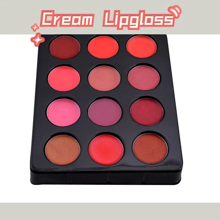 A 12-pan cream lip gloss palette in a black rectangular case, featuring a variety of vibrant pink, red, coral, and nude shades. The product is displayed on a white background with a light gray header at the top containing the text 'Cream Lipgloss' in a stylized pink font.